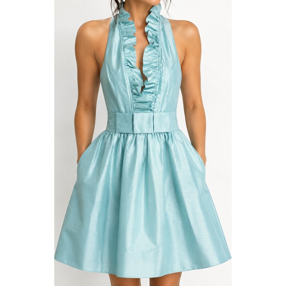 ALFRED SUNG Seaside Blue‎ Ruffle Neck Sleeveless Bridesmaid Cocktail Party Dress